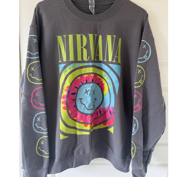 Nirvana sz M Overdyed Smiley Long Sleeve Oversized Pullover Sweatshirt Womens - Picture 2 of 7